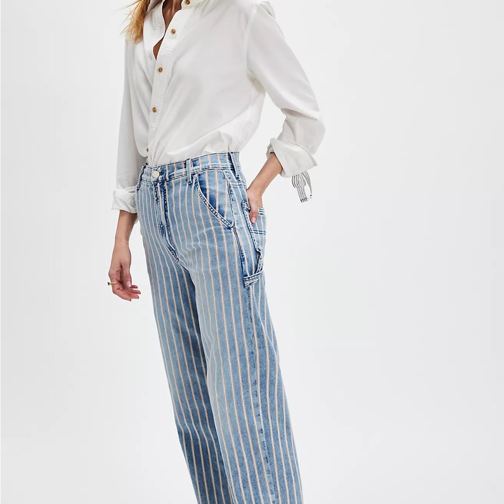 MOTHER Blue and White Straight Leg Jeans with Vintage Stripes